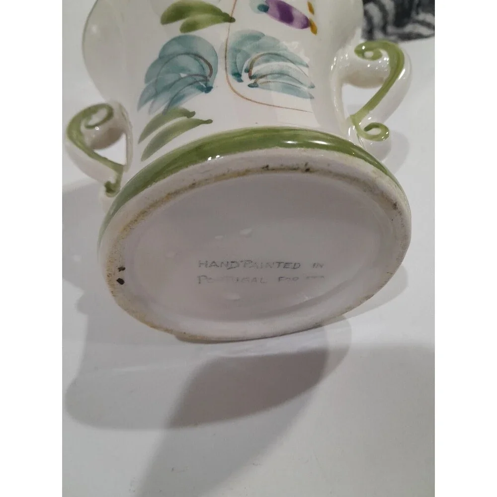 FTD Handpainted Porcelain Vase 6 “tall  Portugal  2 Handles Green Trim Flowers